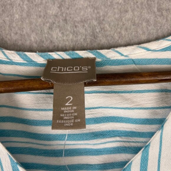 Chico's Top Women 2 White Blue Stripe 3/4 Sleeve Button Front Casual Blouse NWOT - Picture 8 of 11